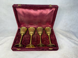 Vintage Brass Metal Goblets in Red Velvet Case - Set of 4