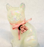 Fenton Iridescent Cat with Pink Rose Figurine