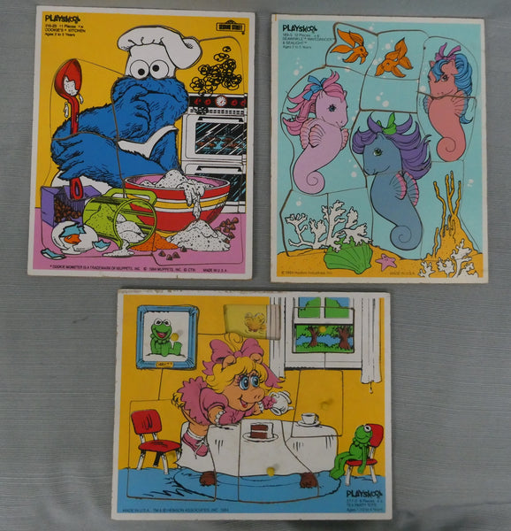 Vintage 1980s PlaySkool Wooden Puzzles - Lot of 3 - Cookie Monster, Miss Piggy & Seahorses