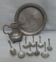 Vintage Pewter Pitcher, Platter and 9 Spoons