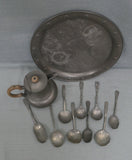 Vintage Pewter Pitcher, Platter and 9 Spoons