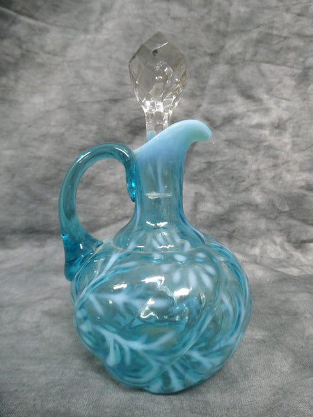 Northwood Blue Opalescent Daisy Fern Swirl Cruet w/Original Stopper