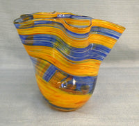 Yellow and Blue Ribbon 6.5" Blown Glass Vase