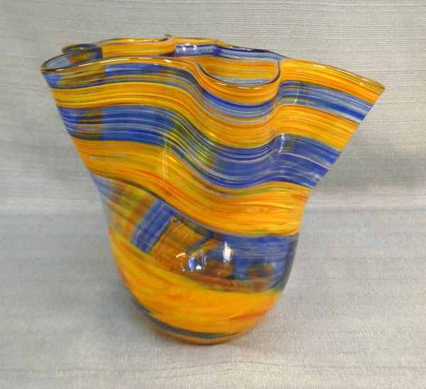 Yellow and Blue Ribbon 6.5" Blown Glass Vase