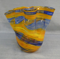 Yellow and Blue Ribbon 6.5" Blown Glass Vase