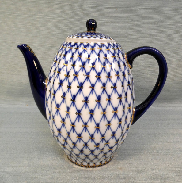 Russian Imperial Lomonosov Porcelain Cobalt Net Coffee Pot